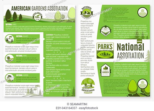 Landscape and gardening company or organization brochure vector template for green ecology national association. Nature and woodlands landscape of village or...