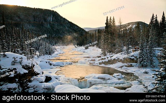 A freezing river in the Canadian Rockies, Alberta, Canada