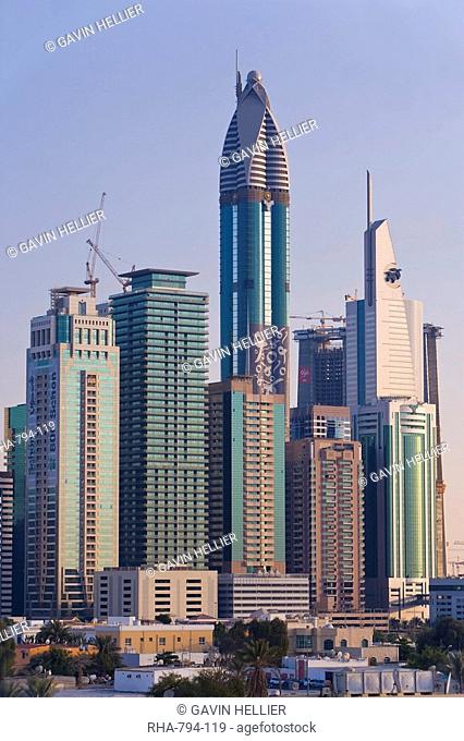 Elevated view of the new Dubai skyline of modern architecture and skyscrapers along Sheikh Zayed Road, Dubai, United Arab Emirates, Middle East