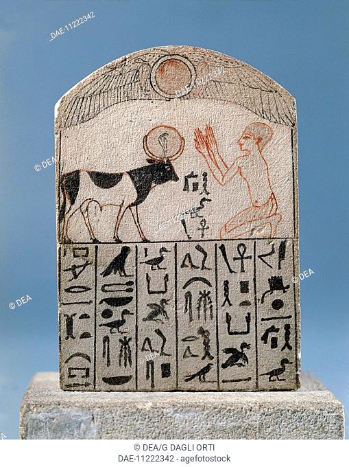 Egyptian civilization, New Kingdom. Painted limestone stele depicting worship of bull god Apis. From Serapeum at Saqqara.  Paris, Musée Du Louvre