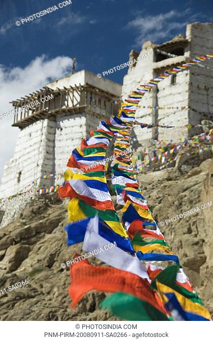 Prayer flags near a fort, Victory Fort, Leh, Ladakh, Jammu and Kashmir, India