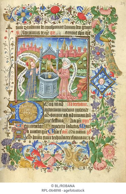 Christ and the Samaritan woman Whole folio Office of Terce of the Virgin. Christ and the Samaritan woman at the well with town in background