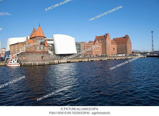 10 April 2019, Mecklenburg-Western Pomerania, Stralsund: The pilot house, the Ozeaneum and the attic, photographed in sunny weather in the harbour