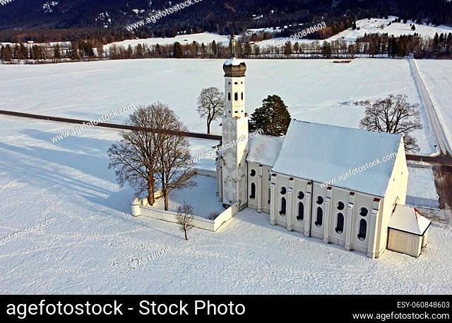 Drone shot of the famous baroque Colomanskirche near Schwangau in Bavaria in winter