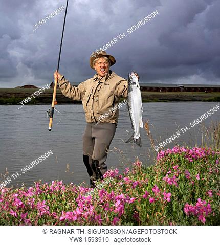 Fisherman with salmon, Hotel Ranga, Iceland