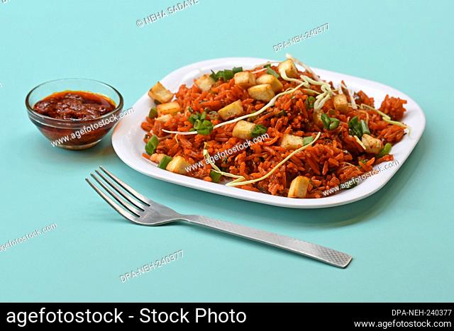 Schezwan paneer fried rice with schezwan sauce, Chinese fried rice with paneer, garnished with spring onion and cabbage