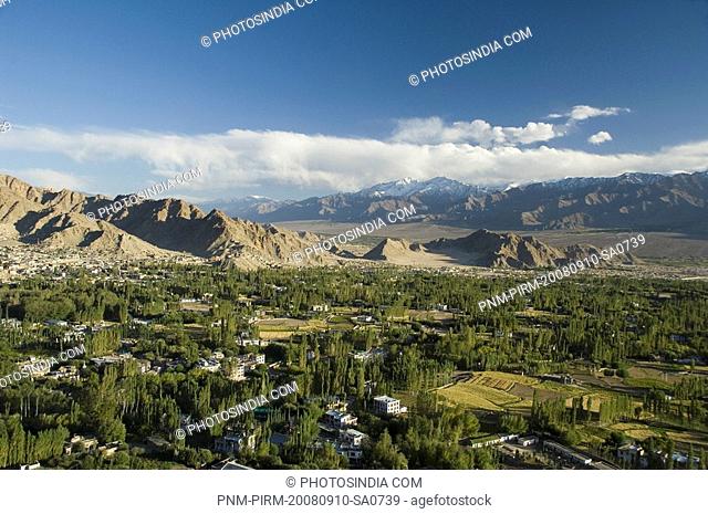 Town in front of a mountain range, Himalayas, Leh, Ladakh, Jammu and Kashmir, India