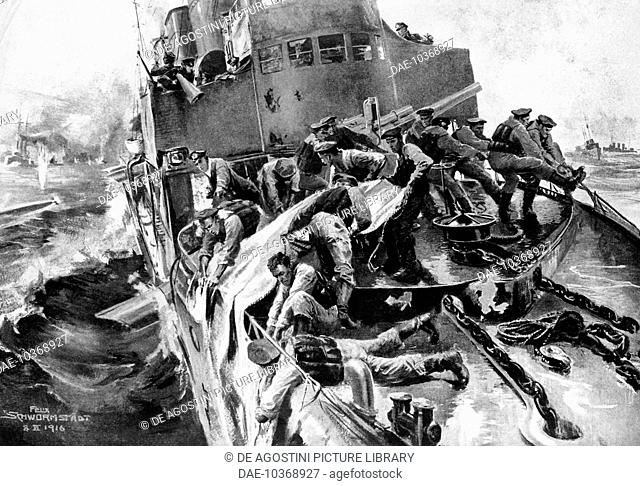 Sailors on a German destroyer attempting to repair a breach in the hull, Battle of Jutland, May 31, 1916, illustration by Felix Schwormstadt from Illustrirte...