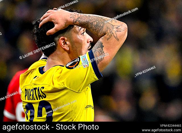 Union's Cameron Puertas Castro reacts during a game between Belgian soccer team Royale Union Saint Gilloise and English club Liverpool FC