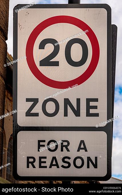 Sign: 20 Zone, For a reason, seen in Wallsend, Tyne and Wear, England, UK