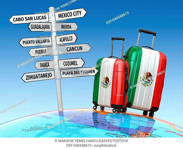 Travel concept. Suitcases and signpost what to visit in Mexico. 3d