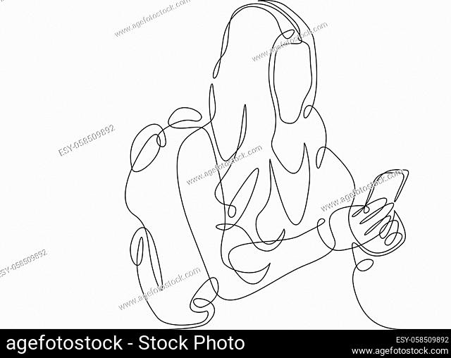 continuous line drawing girl tourist with a backpack browsing on the smartphone's map