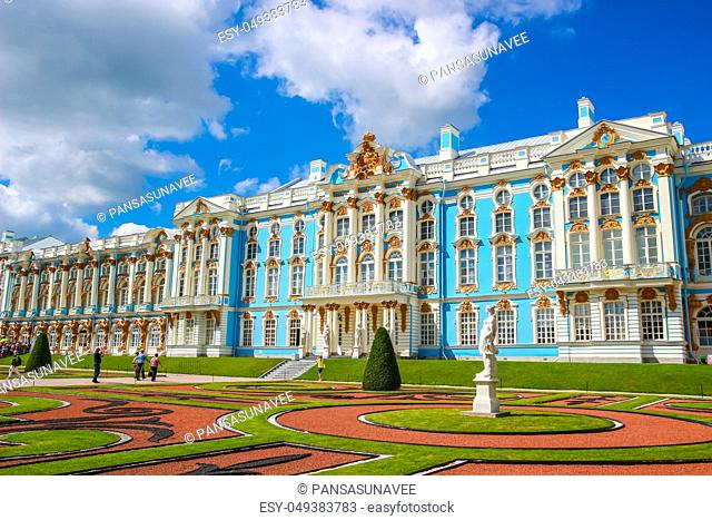ST. PETERSBURG, RUSSIA - JULY 27, 2017: The courtyard of the Catherine Palace in Tsarskoe Selo in St. Petersburg, Russia