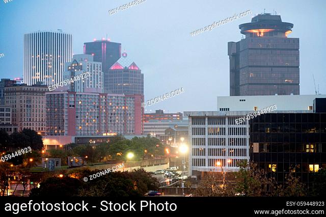 View over the train tracks and highway to the buildings of downtown Rochester New York