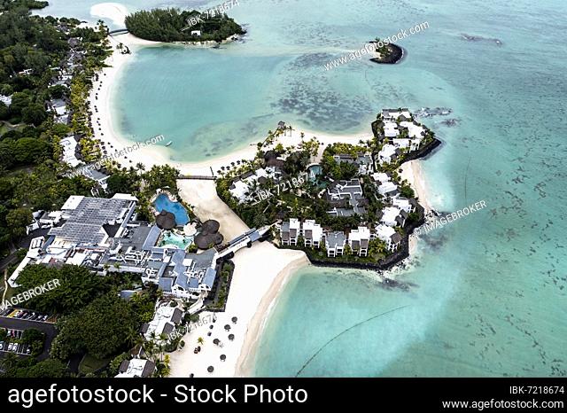 Aerial view, bay near Grand Port, Hotel Shangri-la le Touessrok, ile Chat, il aux Cerfs, Flacq, Mauritius, Africa