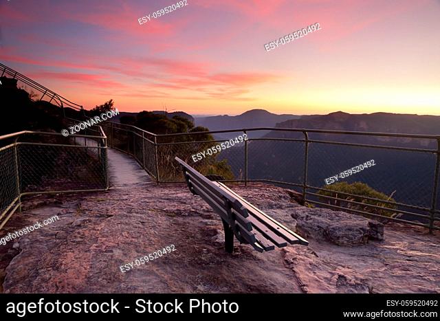 Spectacular dawn skies overhead with views from Pulpit Rock, Blackheath, stunning scenery and views overlooking the Grose Valley with Mount Baniks directly...