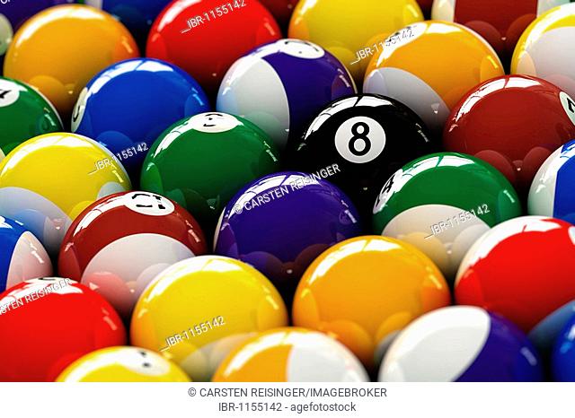 Pool balls, focus on eight ball
