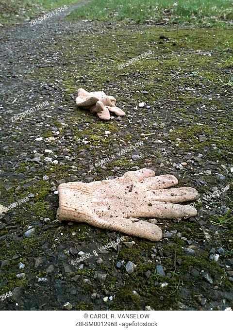 Child's gloves lying on path. Kidnapping concept