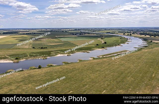 14 June 2022, Saxony-Anhalt, Wittenberg: View of the Elbe between Bösewig and Klöden. The Heinz Sielmann Foundation is planning to open a dike here in close...