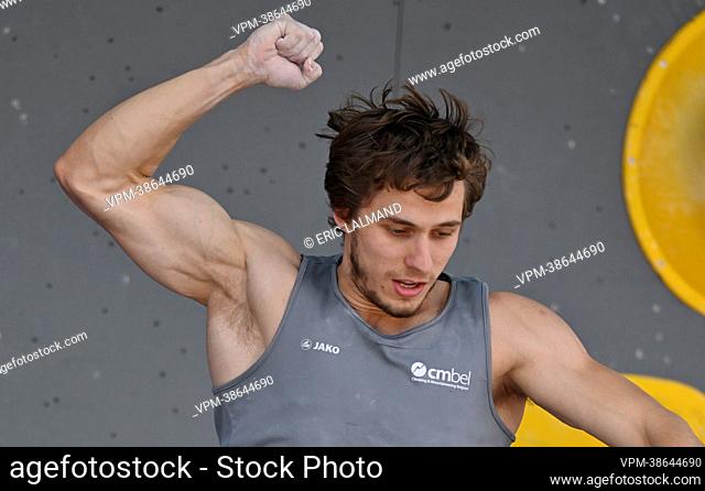 Belgian Nicolas Collin pictured in action during the qualifications for the men's sport climbing boulder event, at the European Championships Munich 2022