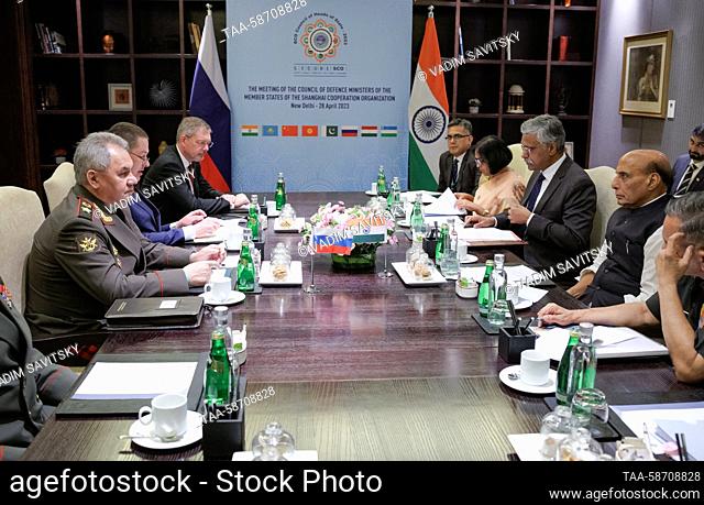 INDIA, NEW DELHI - APRIL 28, 2023: Russia's Defence Minister Sergei Shoigu (L) and his Indian counterpart Rajnath Singh (2nd R) hold a bilateral meeting on the...