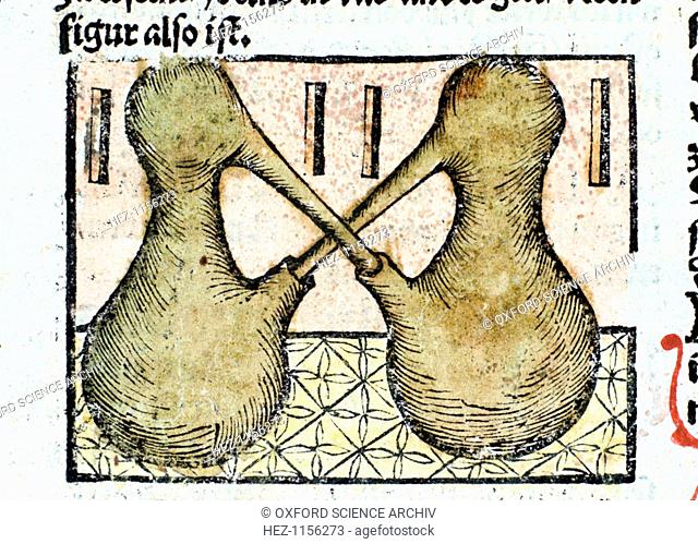 Distillation, 1500. Distilling using double pelicans. From Liber de arte distillandi de simplicibus by Hieronmus Braunschweig. (Strasbourg, 1500)