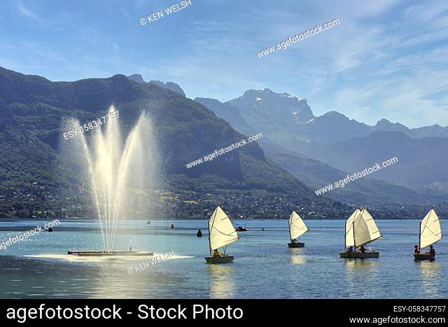 Annecy, Haute-Savoie department, Rhone-Alpes, France. Children sailing dinghies on Lake Annecy