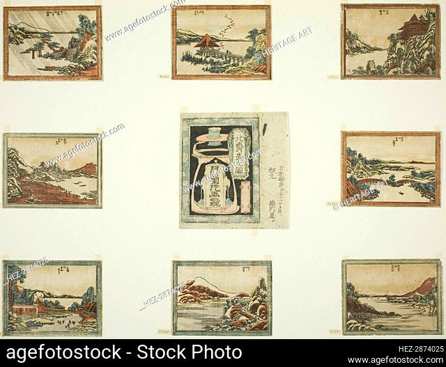 Eight Views of Omi in Etching Style (Doban Omi hakkei) and cover sheet, Japan, 1804/16. Creator: Hokusai