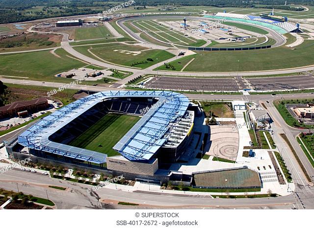 Aerial view of Livestrong Sporting Park and the Kansas Speedway in Kansas City, Missouri, USA