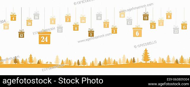 hanging christmas presents colored gold with numbers 1 to 24 showing advent calendar for xmas and winter time concepts, golden nature background with fir trees...