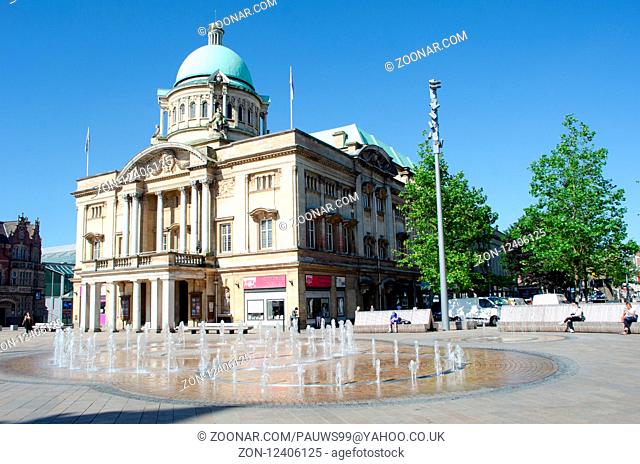 Hull Yorkshire UK - 27 June 2018: Hull City Hall with fountain in front
