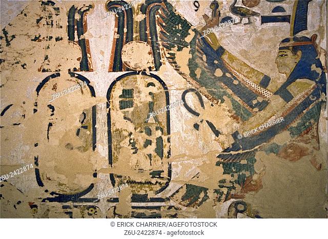 Thebes, West Bank, Kings Valley, Seti I tomb (KV17). Gate D, lintel, Winged Ma'at flanked by Sety I's cartouches; kneeling winged Ma'at figures and Sety I's...