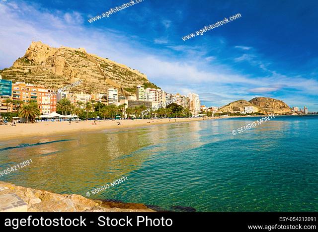 Alicante city and El Postiguet Beach, Mediterranean destination, Spain