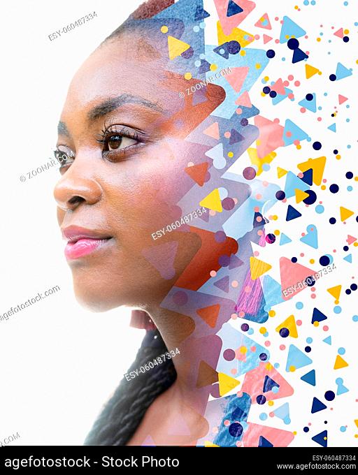 A double exposure portrait of an African American woman and various triangular figures