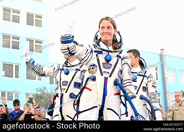 KAZAKHSTAN, KYZYLORDA REGION - SEPTEMBER 15, 2023: Russian cosmonauts Oleg Kononenko (L), Nikolai Chub (R) and NASA astronaut Loral O'Hara (C)