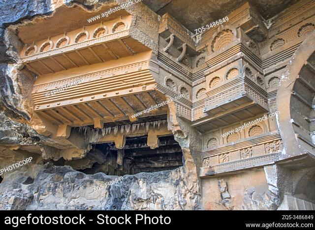 Kondana Caves, Karjat, Maharashtra, India : General View of the upper portion of the façade showing miniature chaitya arches and railing pattern