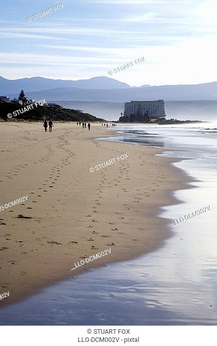 Scenic view of Robberg beach with the Outeniqua mountain range in the distance, Plettenberg Bay, Western Cape Province, South Africa