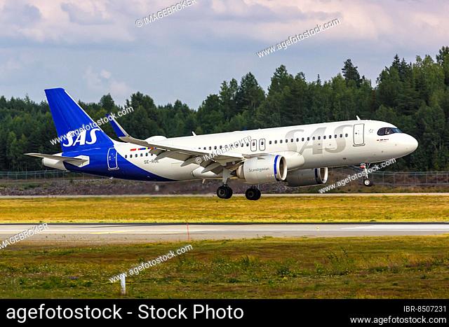An Airbus A320neo aircraft of SAS Scandinavian Airlines with registration SE-RUE at Oslo Gardermoen Airport, Norway, Europe