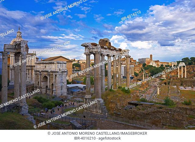 Temple of Vespasian and Titus, Septimius Severus Arch, Temple of Saturn, Roman Forum, Rome, Lazio, Italy