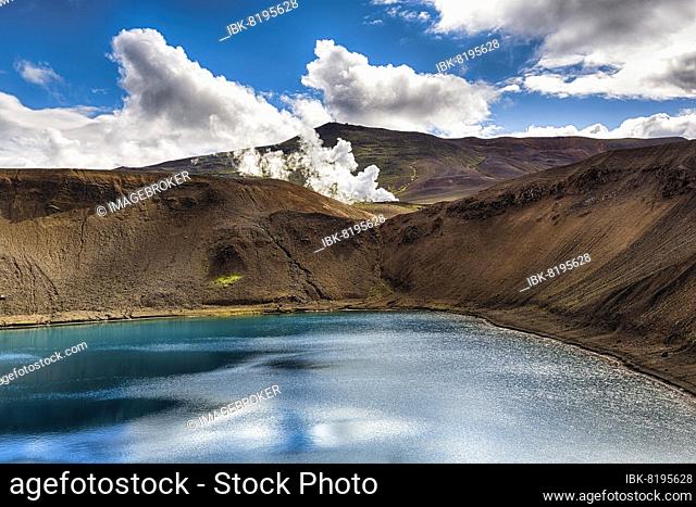 Volcanic lake in summer, steam, geothermal energy at crater lake Viti on central volcano Krafla, Myvatn, North Iceland, Iceland, Europe