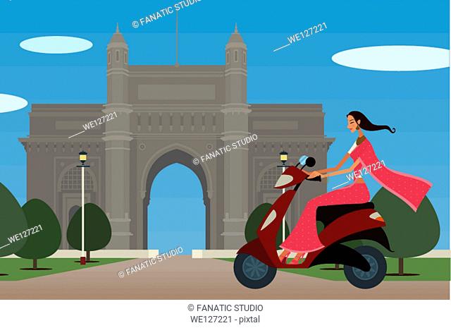 Woman riding a motor scooter in front of a monument, Gateway Of India, Mumbai, Maharashtra, India