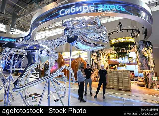 RUSSIA, MOSCOW - NOVEMBER 1, 2023: A dinosaur skeleton model is seen in the pavilion for the International Russia Expo, which is to be held at the VDNKh...