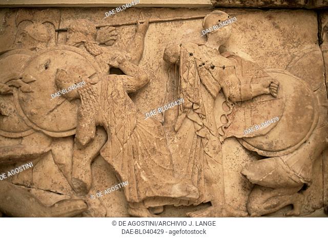 Gigantomachy (Battle of the Giants), ca 525 BC, relief from the north frieze of the Siphnian Treasury in Delphi, Greece. Greek civilisation, 6th century BC