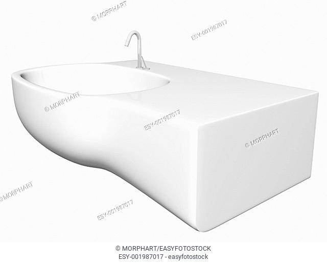 Modern washbasin or sink with faucet and plumbing fixtures, isolated against a white background