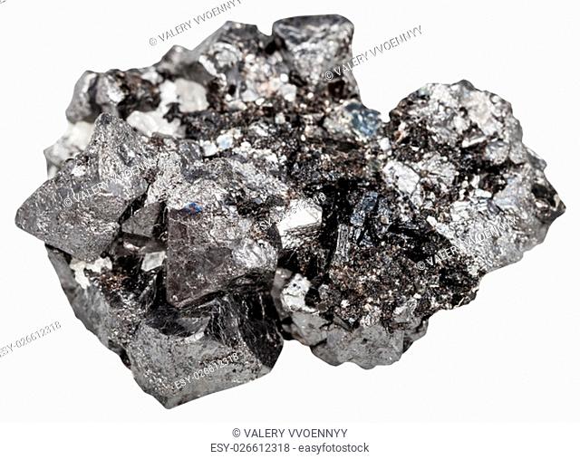 macro shooting of natural rock - druse of big crystals of magnetite mineral stone (iron ore) isolated on white background
