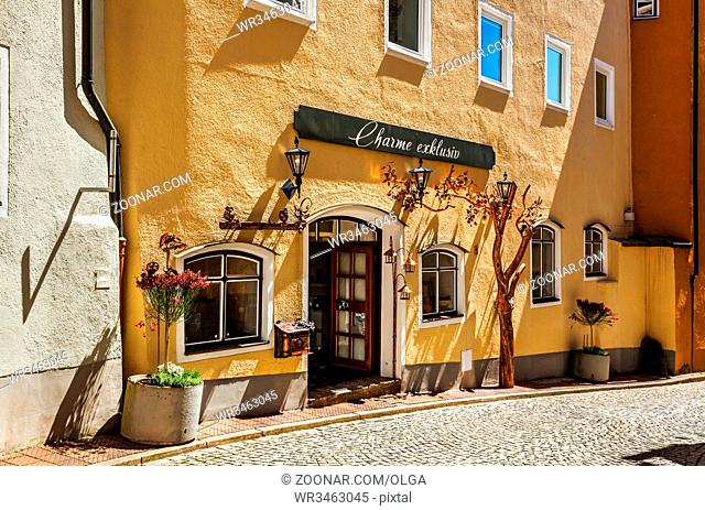 Germany, Bad Toelz - May 10, 2017: Beautifully decorated entrance to the store in Bad Toelz, Bavaria, Germany