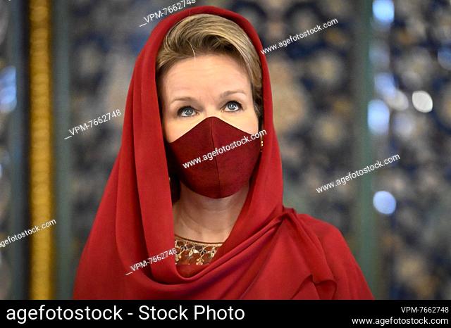 Queen Mathilde of Belgium wears a veil for a visit to the Sultan Qaboos Grand Mosque in Muscat, Oman on Thursday 03 February 2022