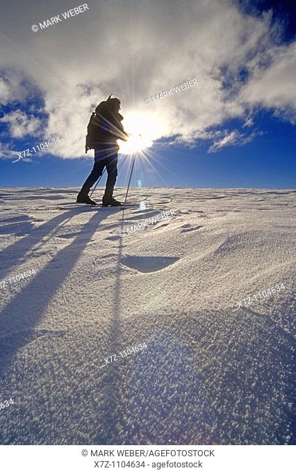 Woman, backcountry skiing on Deadline Ridge high in the Goose Creek Mountains of southern Idaho