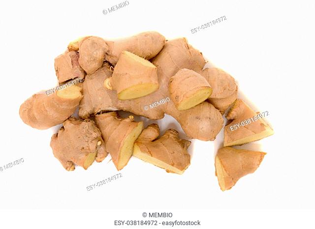 Close up view of ginger root isolated on white background