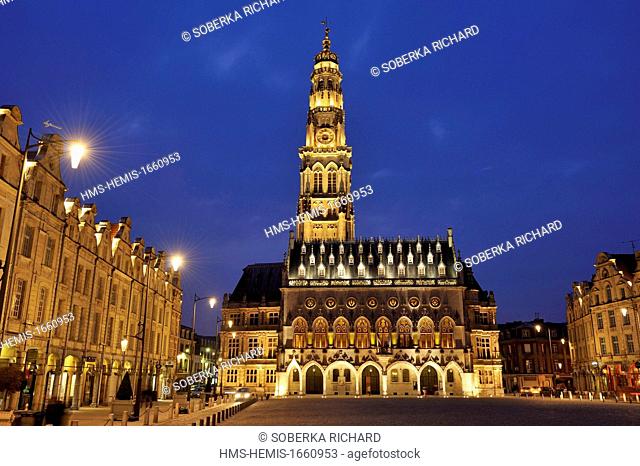 France, Pas de Calais, Arras, Place des Heros, Town Hall at night topped with its 77 meters belfry listed as World Heritage by UNESCO